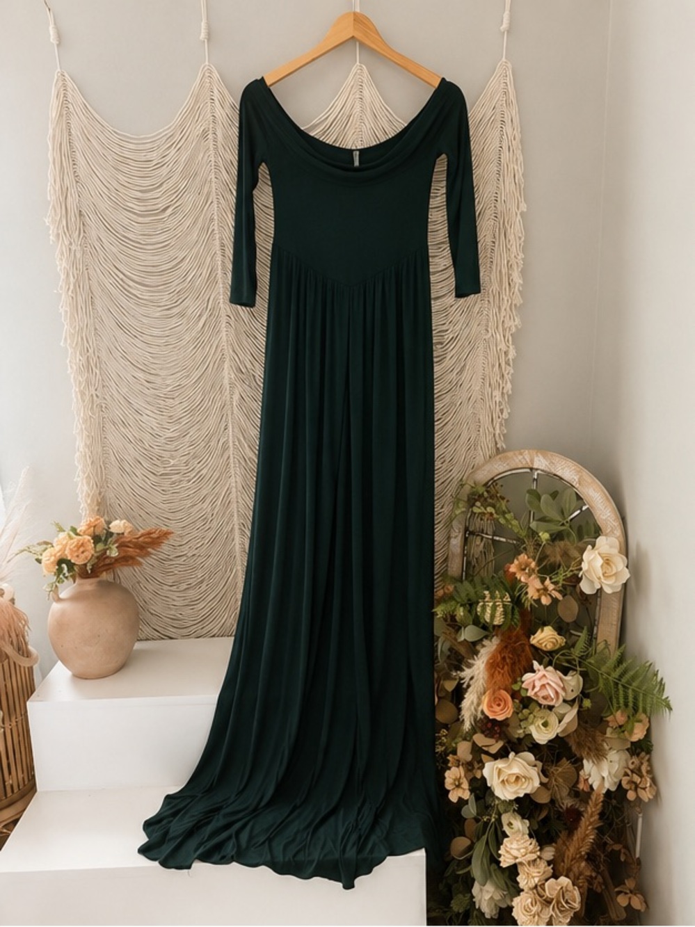 Mother Bee Maternity Deep Green Off-Shoulder Maxi Dress